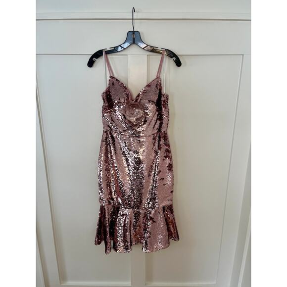 Marchesa Notte Sequin Majestic Magnolias Midi Dress With Flower Detail Blush 4 - Picture 2 of 4